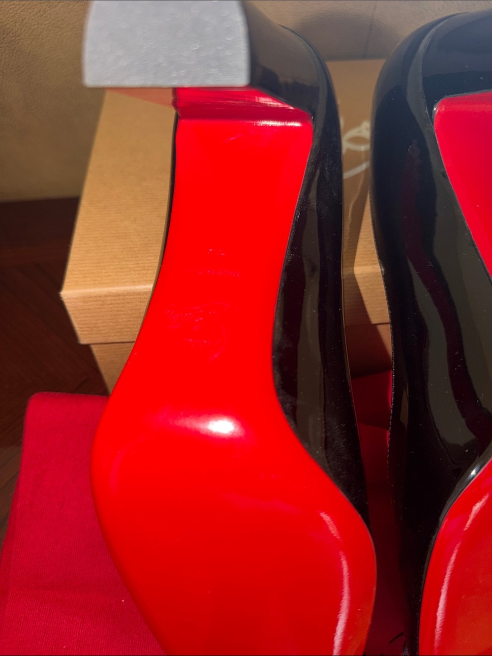Christian Louboutin Black Patent Block Heel Pumps with Red Soles - Picture 10 of 12